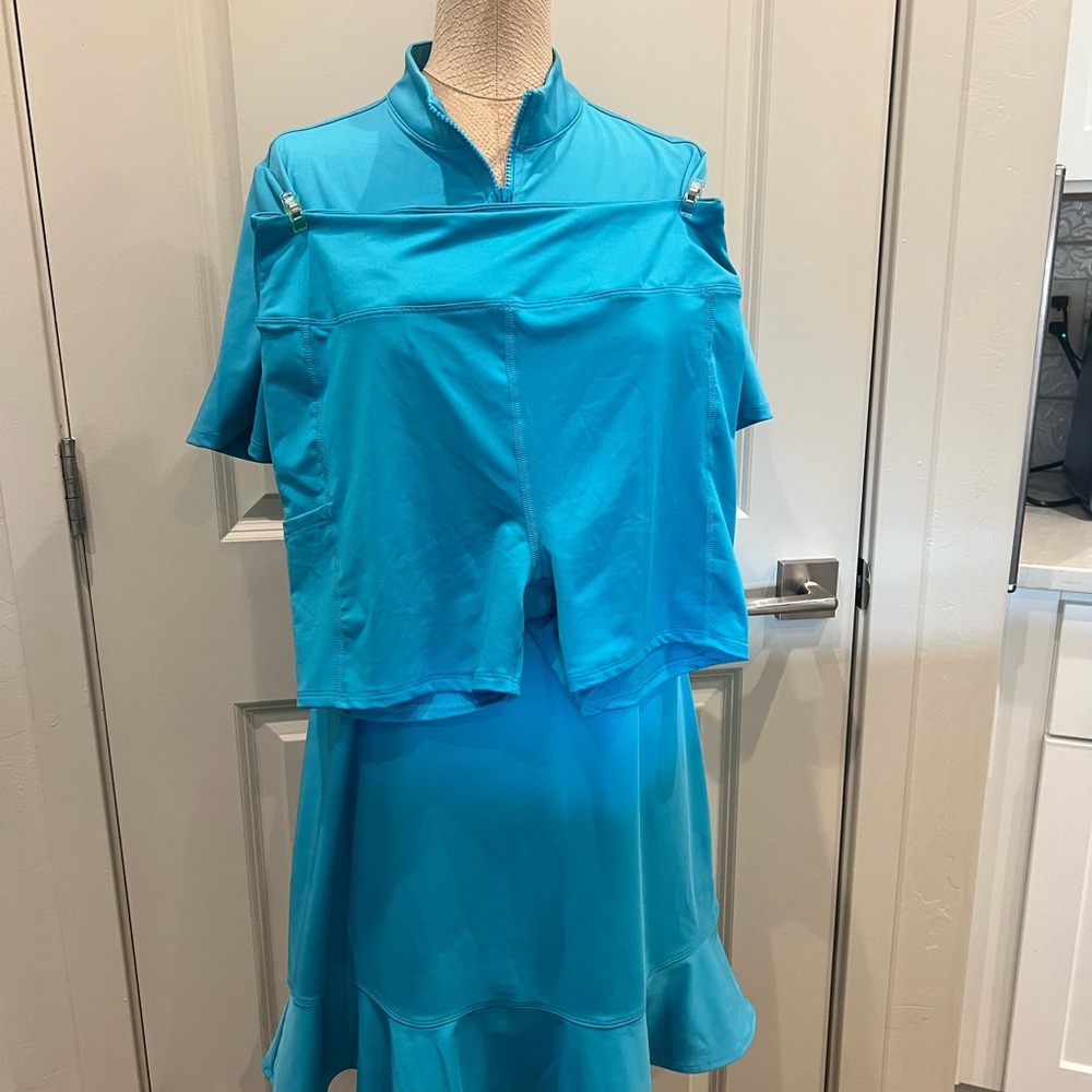 Tommy Bahama Dress & Shorts Golf Turquoise Ruffle Zip 2 pc Set UPF 50  Large - Picture 4 of 5